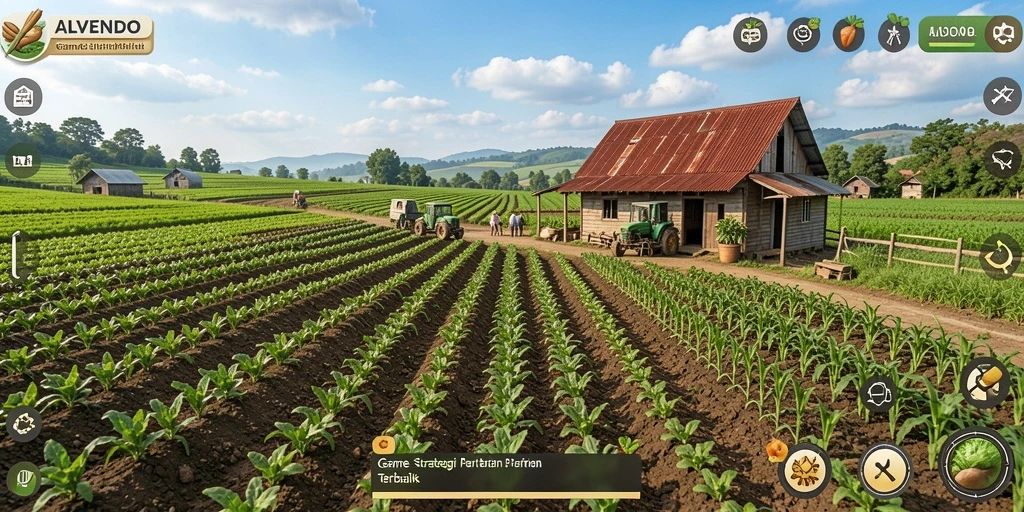 Tampilan gameplay menarik dari ALVENDO dengan pertanian yang indah.