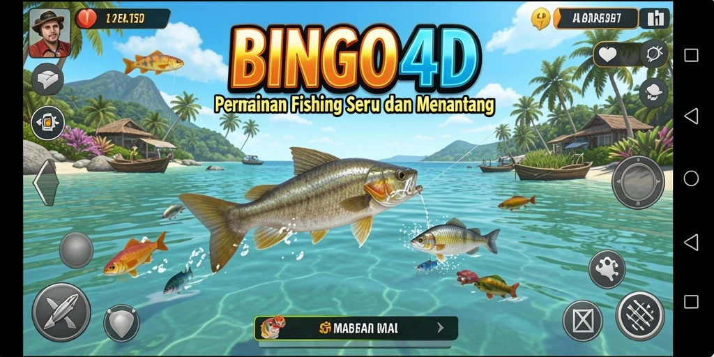 Screenshot gameplay BINGO4D menunjukkan petualangan memancing yang seru.