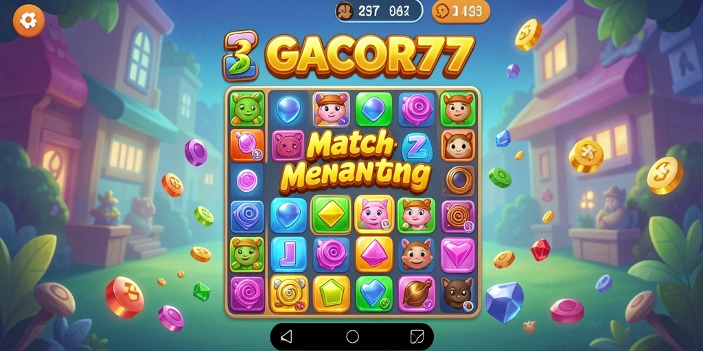 Screenshot utama GACOR77 menunjukkan momen seru bermain Match-3.