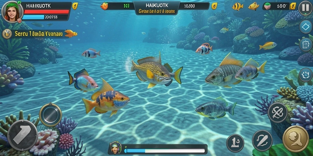 Screenshot HAIKUOTK menampilkan aksi menembak ikan yang intens.
