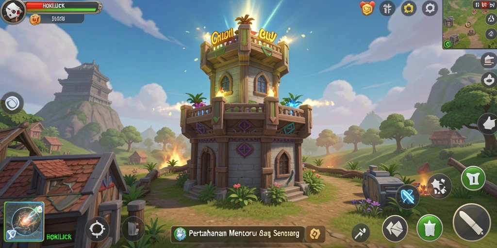 Tampilan gameplay HOKILUCK dengan menara dan musuh yang beragam.