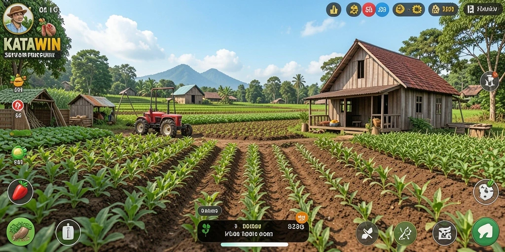 Tangkapan layar gameplay KATAWIN menunjukkan suasana pertanian yang ceria.