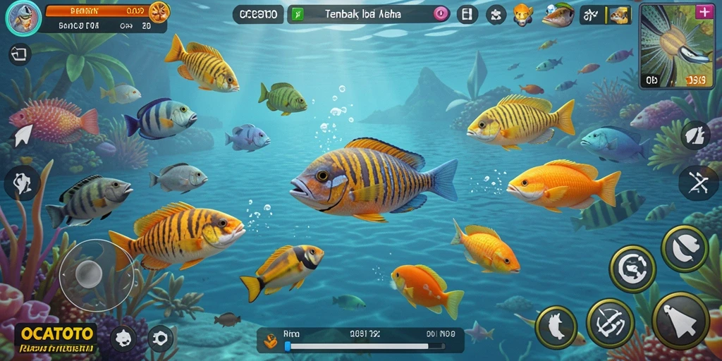 Screenshot OCATOTO menunjukkan momen seru saat menangkap ikan.
