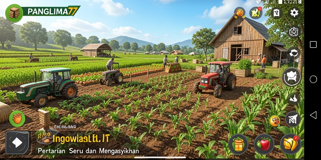 Screenshot gameplay PANGLIMA77 yang menunjukkan kebun yang subur dan aktivitas bertani.